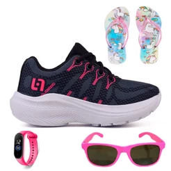 Kit Tênis Infantil Casual Meninas Escolar Basico Confortavel + Chinelo Oculos e Relogio