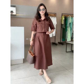 Conjunto Saia Midi Rodada Longa e Blusa Linho com Botões Moda evangélica