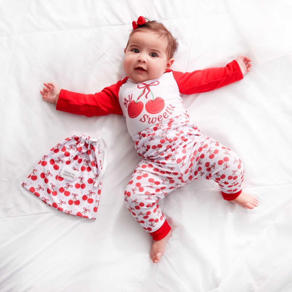 Pijama Bebe Menina Cerejinha 03 Peças Cotton Macio Confortável Conjunto Infantil Menina Bebê Cereja