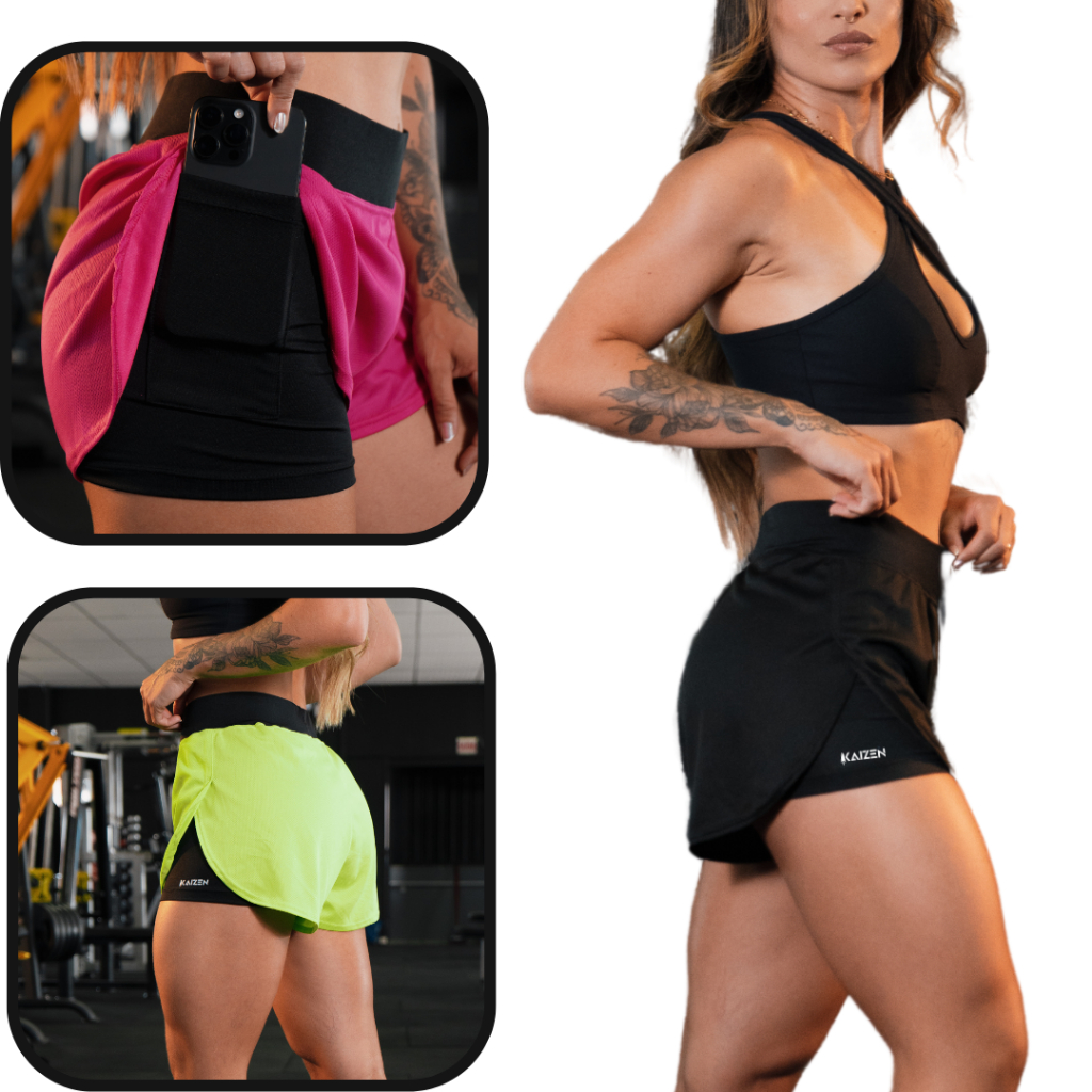 SHORTS FEMININO 2 EM 1 DRYFIT C/ PORTA CELULAR PARA ACADAMIA KAIZEN em Oferta na Shopee