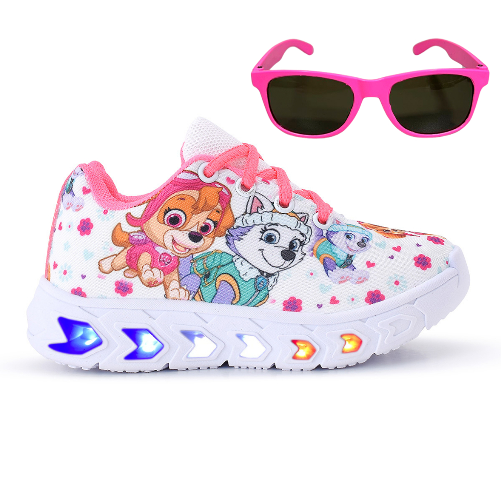 Tenis Led Infantil Feminino Patrulha Canina Branco e Rosa Light + Oculos