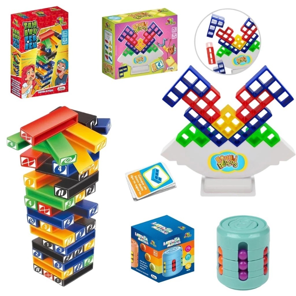 kit com 3 brinquedos Educativos Equili blocos ,tombou perdeu e Latinha cilindro magico quebra cabeça