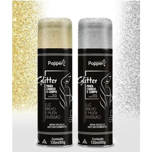 Spray De Glitter Cabelo e Corpo Roupa Popper 135ml Prata e Dourado -Original