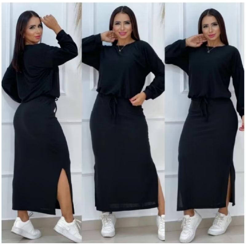 Conjunto Feminino Outono Inverno Blusa Cropped e Saia Midi Lanzinha Chique Elegante Festa Moderno