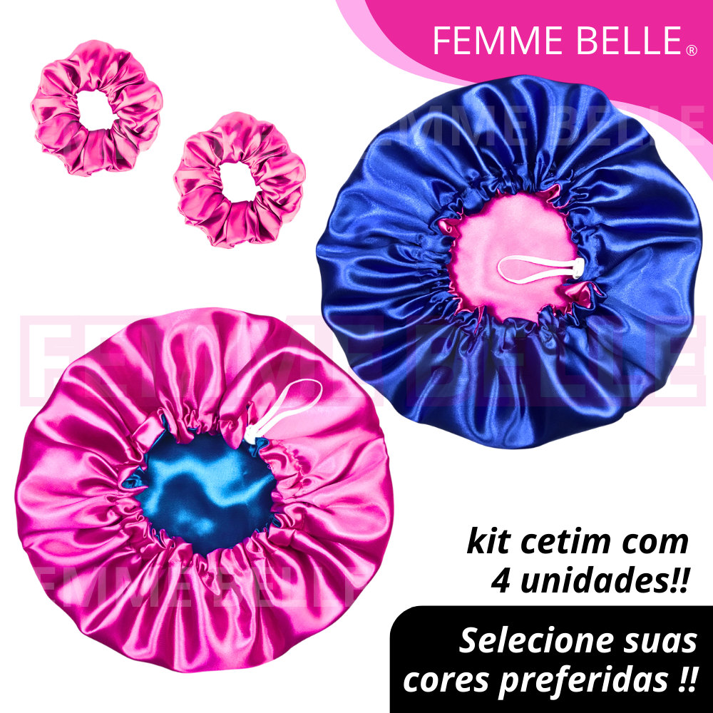 2 Toucas de Cetim Dupla Face com Regulador + 2 brindes (xuxinhas / scrunchies)