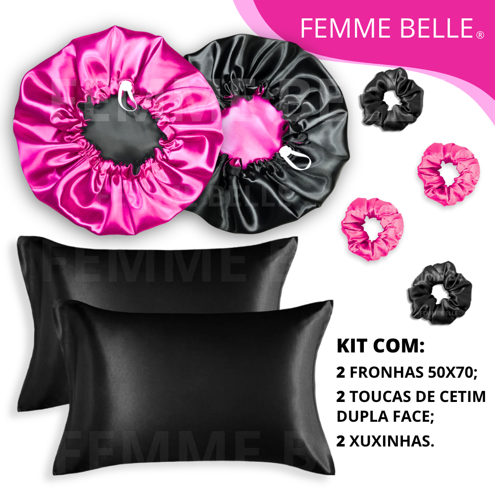 Kit Cetim Antifrizz 2 toucas dupla face regulável + 2 fronhas + 2 xuxinhas scrunchies