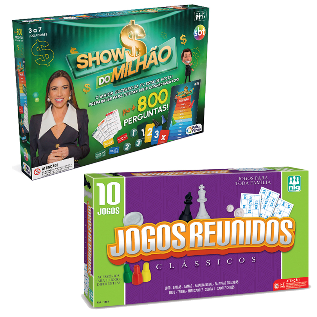 Jogo Show do Milhão + 10 Jogos reunidos Ludo Dama Xadrez Gamão Palavras Cruzadas Batalha Naval - NIG