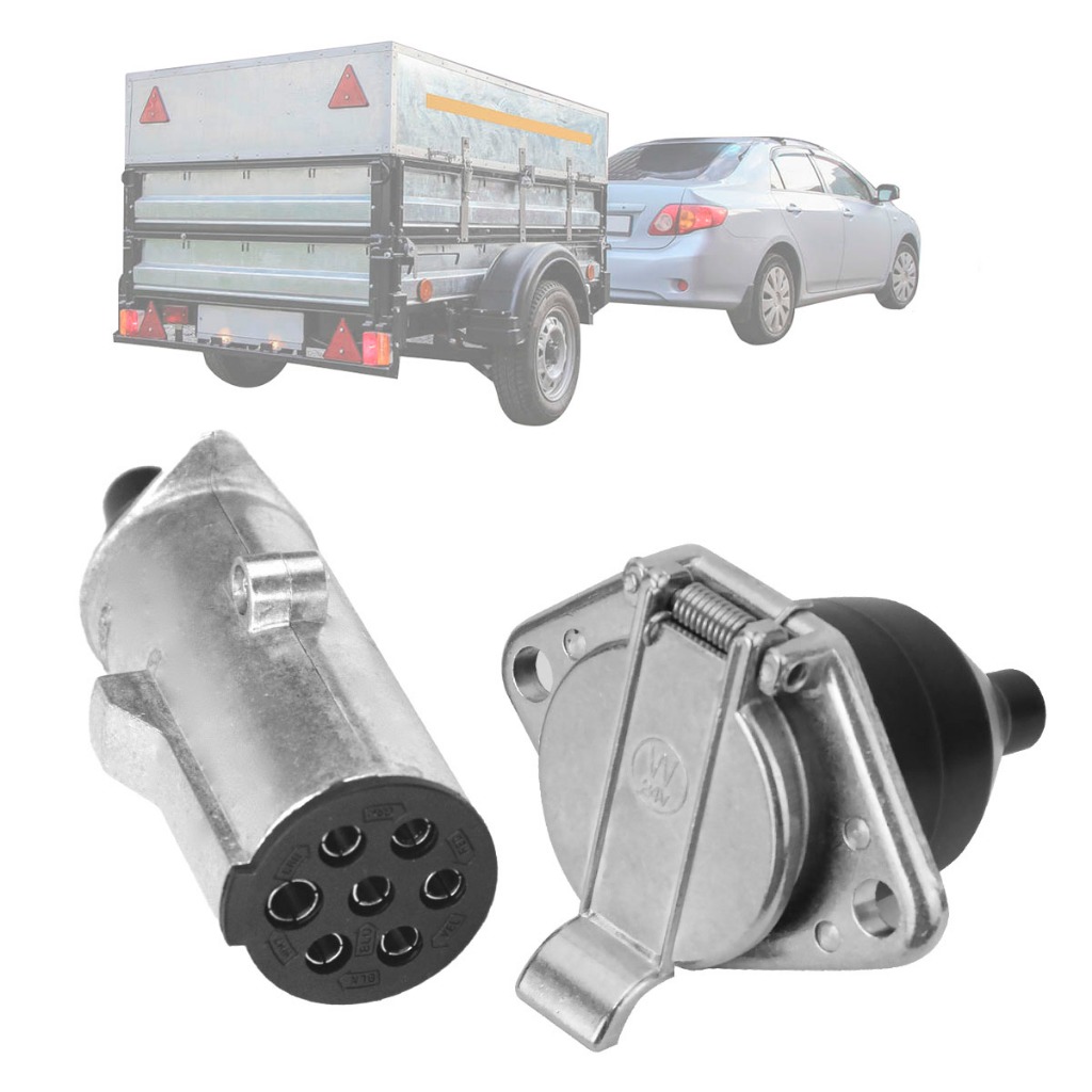 Par Engate Reboque Tomada 7 Polos Alumínio Cromado Macho e Femea Carreta Cavalo Mecânico