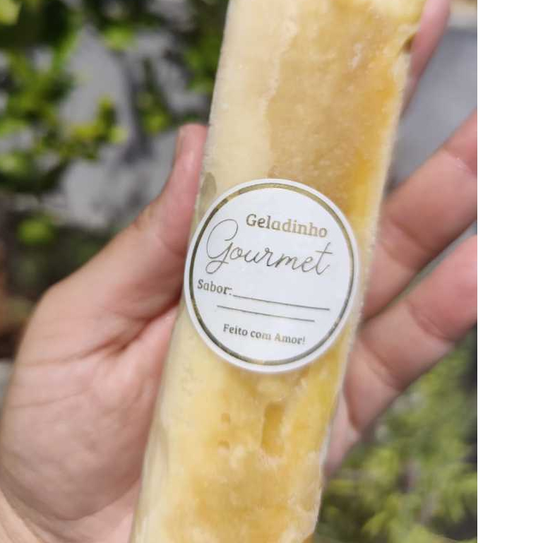Adesivo Etiqueta Geladinho Gourmet Vinil Melatizado Escrita branco fosco 4Cm