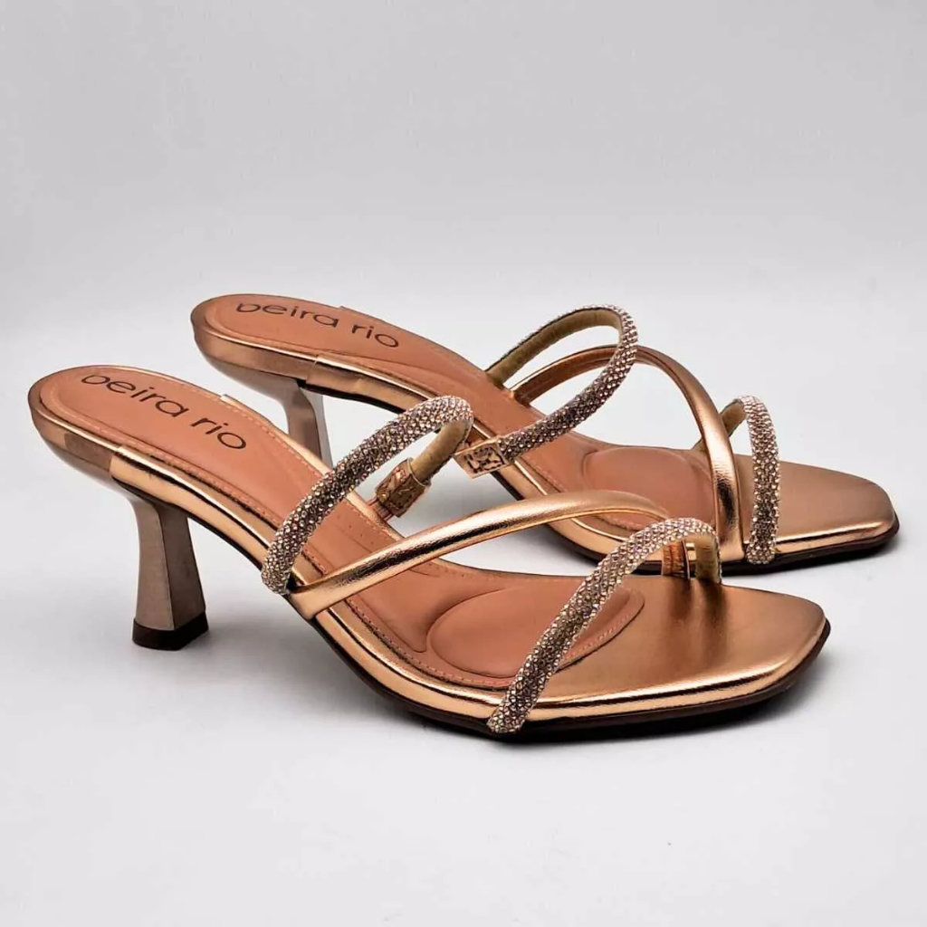 Tamanco Feminino Salto Carretel Médio Beira Rio Original Matalizado Com Tiras Brilho Strass Elástico