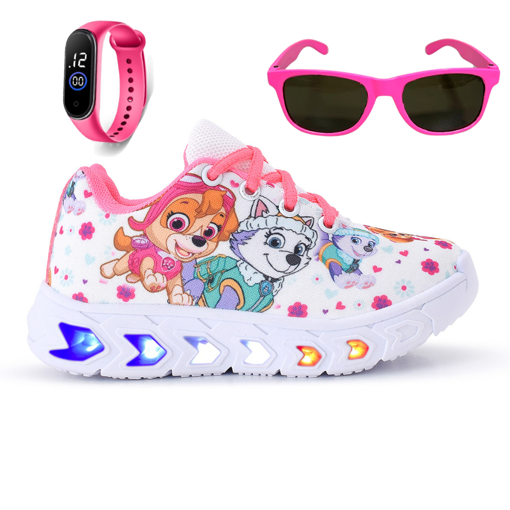 Tenis Led Infantil Feminino Patrulha Canina Branco e Rosa Light + Oculos + Relogio