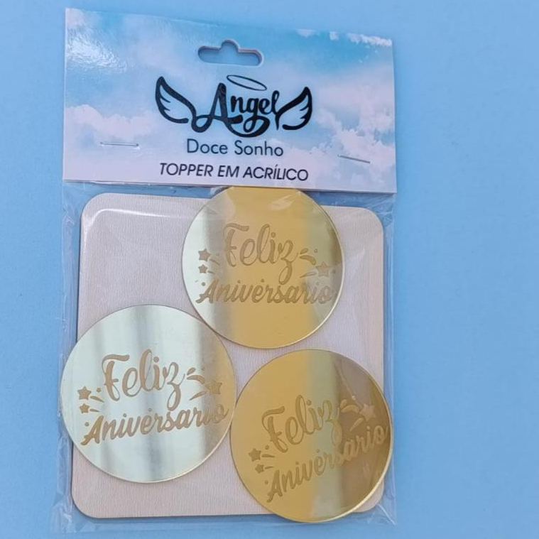 Kit aplique acrílico com 3 unidades FELIZ ANIVERSARIO REDONDO em Oferta na Shopee