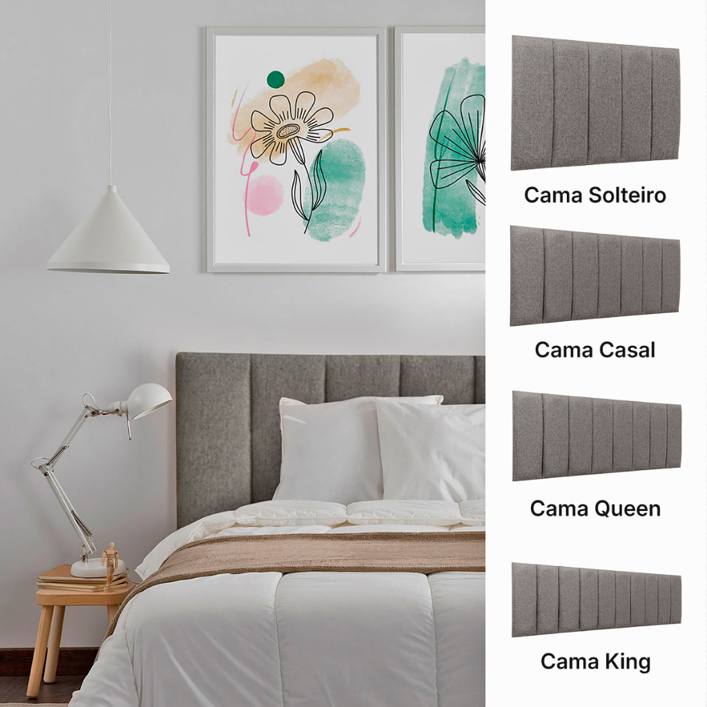Cabeceira Modulada Estofada Linho ou Veludo 60x20 Solteiro Casal Queen e King Placa Adesivo Ripada