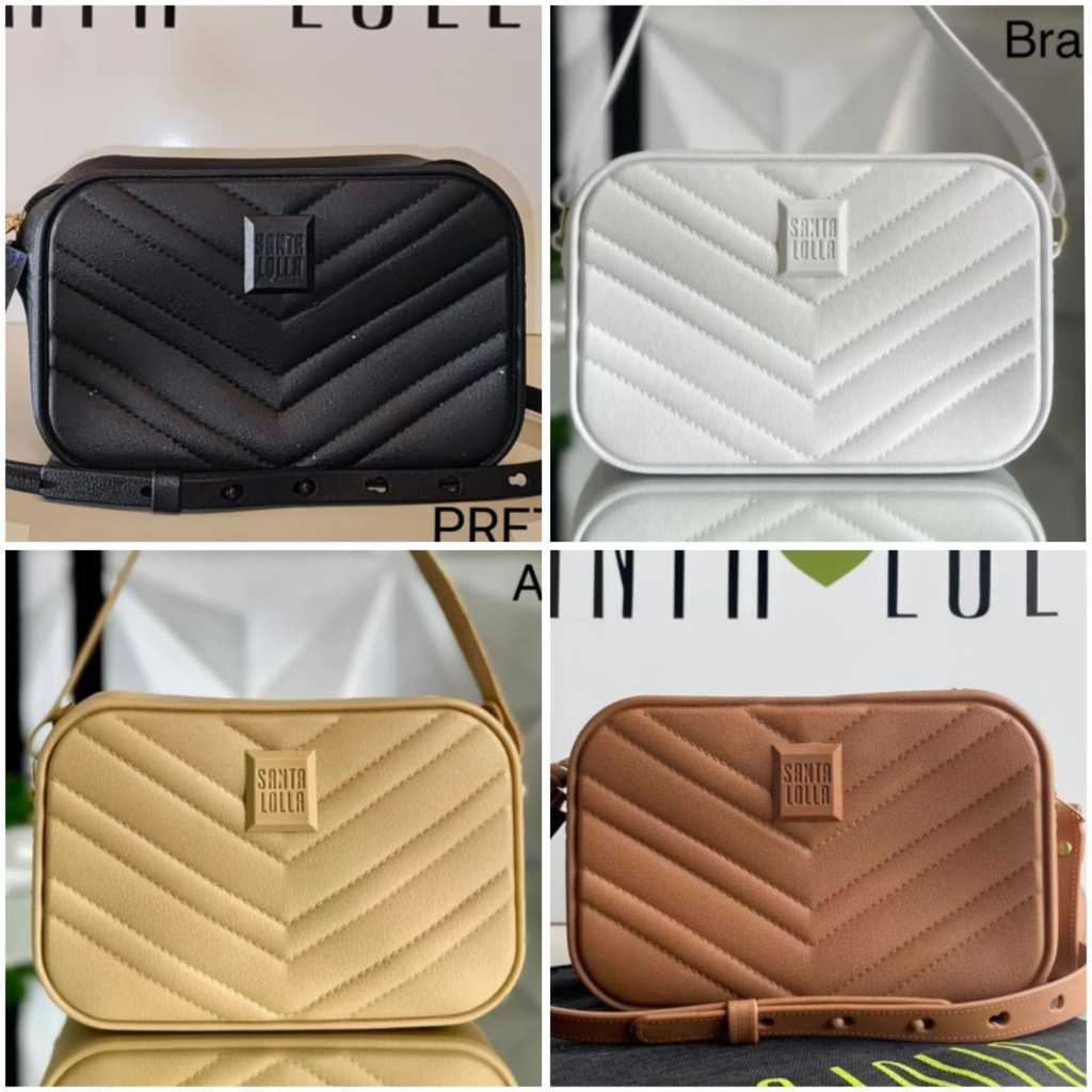 Kit com 4 Bolsas Tiracolo Emborrachada Bag Compacta Preto Branco Caramelo e Bege com Alça Transversal Blogueira