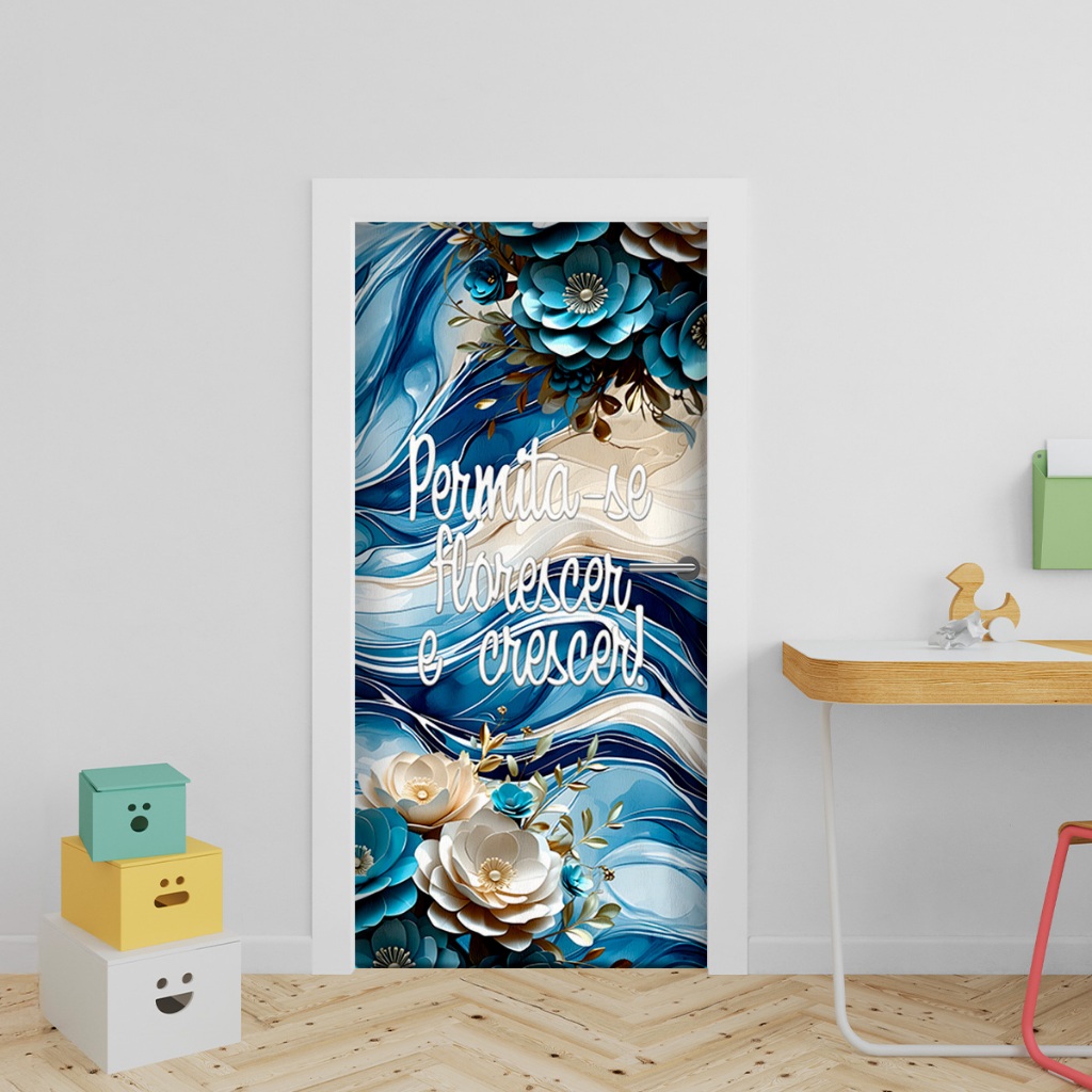 Capa Decorativa de Porta Sublimados C/ Elástico 0,75x2,10m Tema Flores Azul Marmore