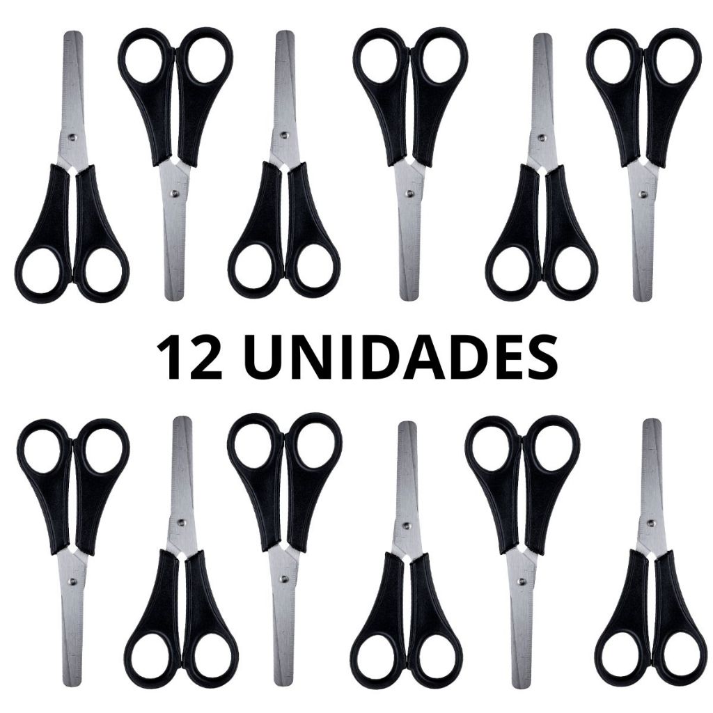 Caixa com 12 Tesouras de Aço Tesoura Escolar Preta Material Papelaria em Oferta na Shopee