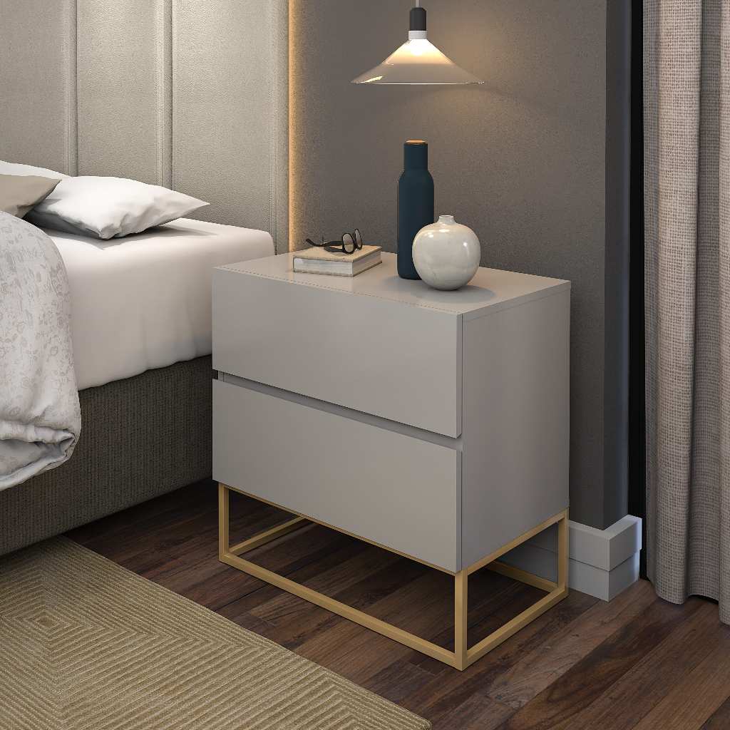 Mesa De Cabeceira Eros 45 Off White Com Pés Em Ferro Dourado