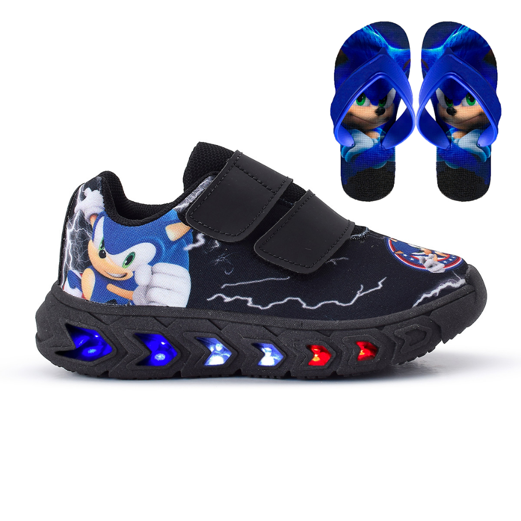 Kit Tenis Masculino Infantil De Led Meninos Sonic Confortavel Macio + Chinelo