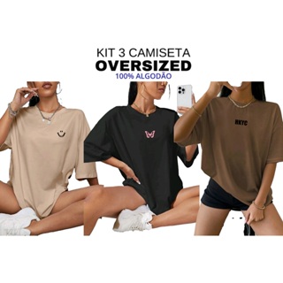 3 peças Camiseta Blusa Oversized Feminina 100% Algodão Streetwear em Oferta na Shopee