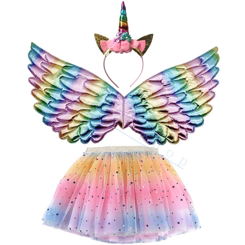 Fantasia Infantil Unicornio Color tule Asa+ Saia+ Tiara Completa