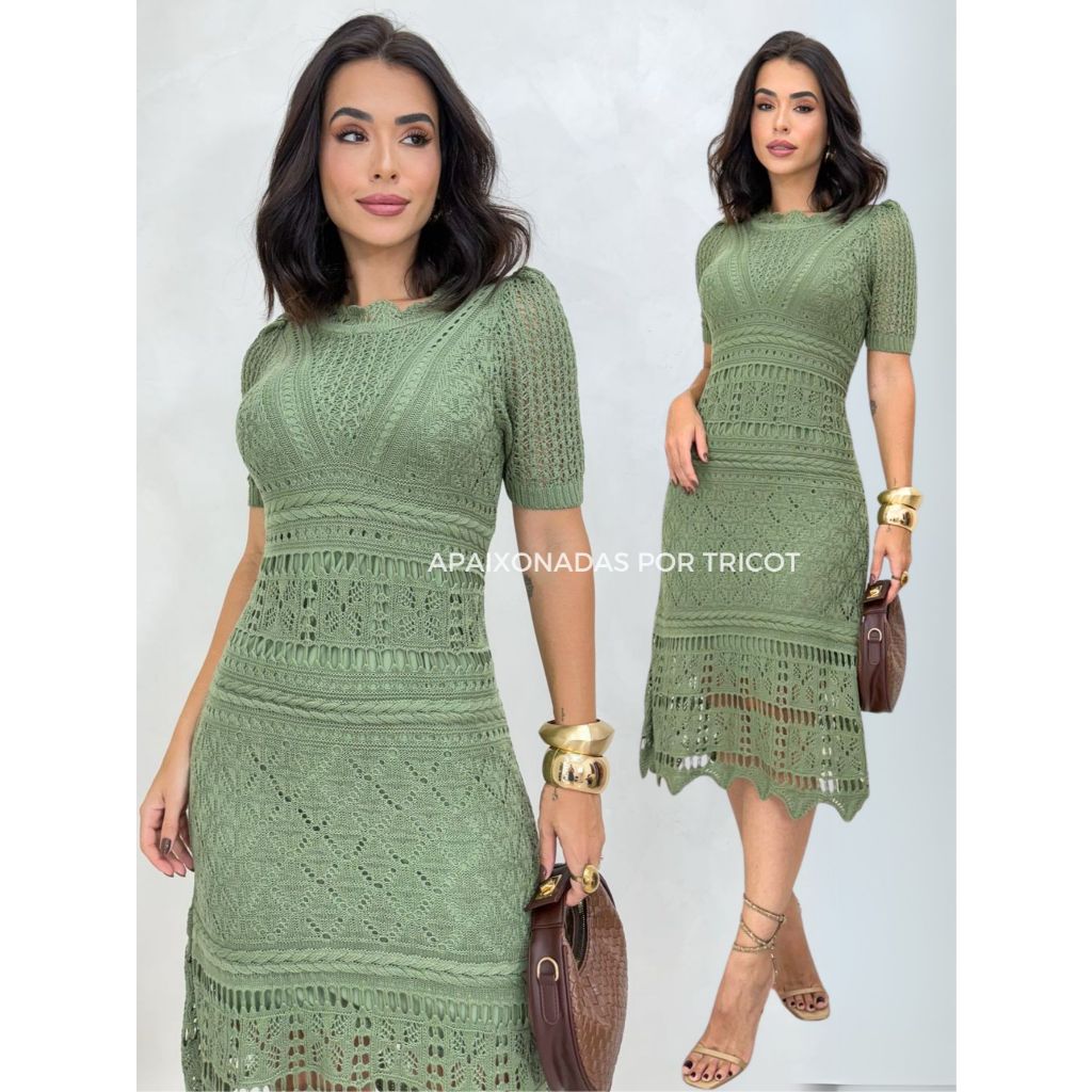 Vestido Feminino Tricot Rendado com forro  Vestido Midi  Elegante Vestido Moda Evangélica ...