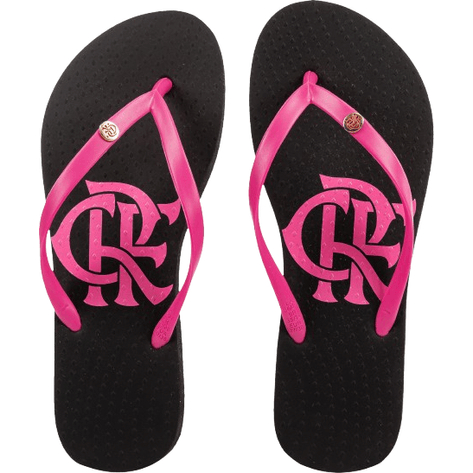 Chinelo Flamengo Slim Preto com Tiras Rosas - Women Shoes