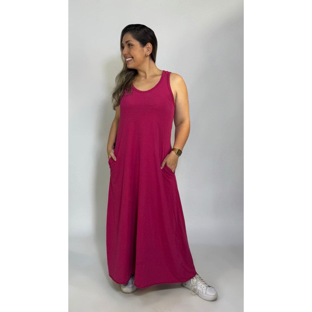 Vestido Ragata Longo Estonado com bolso