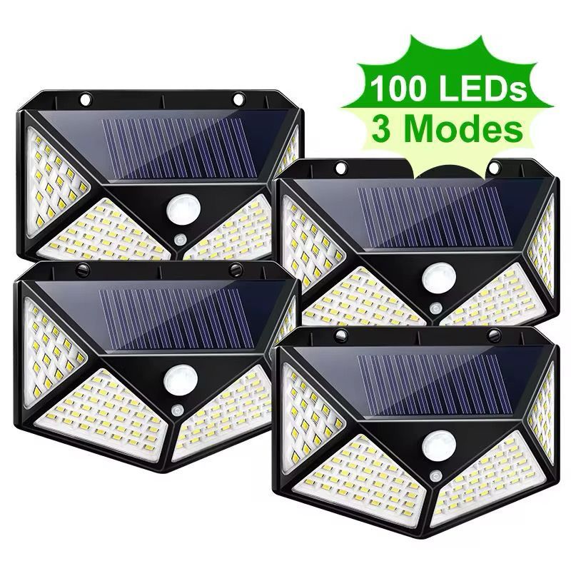 Kit 1 - 4  Unidades Luminária Solar 100 Led Com Sensor Prova D'Água Refletor Solar Parede Luz Led Solar Luminária