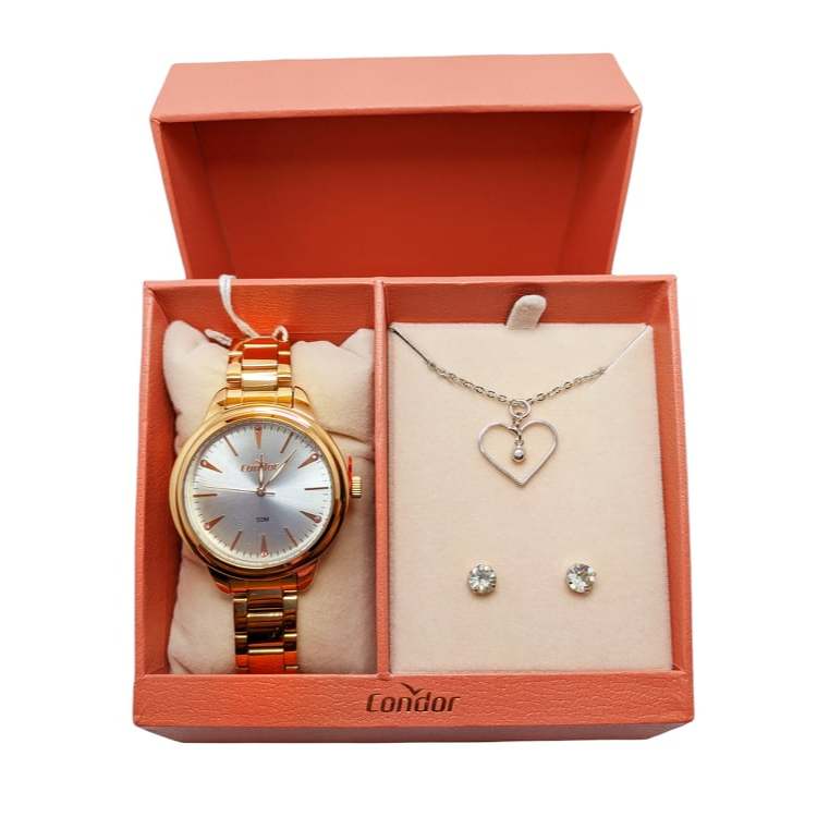 Relógio feminino Condor kit colar e brinco analógico rosé bronze original