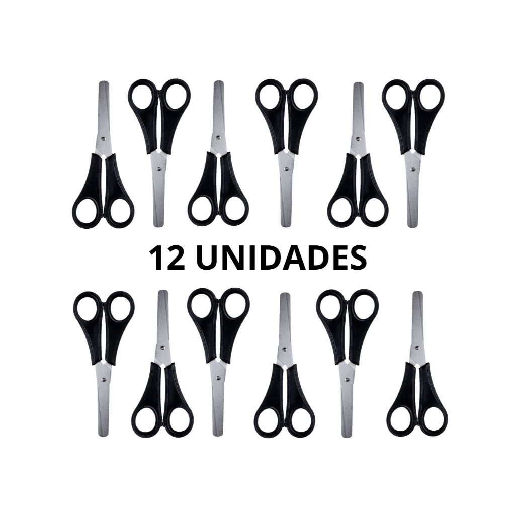 Caixa Com 12 Tesouras De Aço Preta Escolar Material Escolar Escritório Papelaria