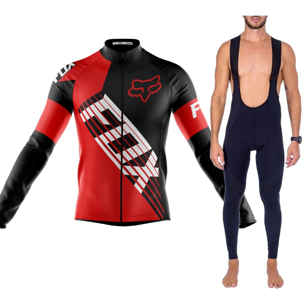 Kit Bretelle Forro Gel 3D Decole Camisa Longa Ciclismo Fox Vermelha Dryfit Bike Uv50+