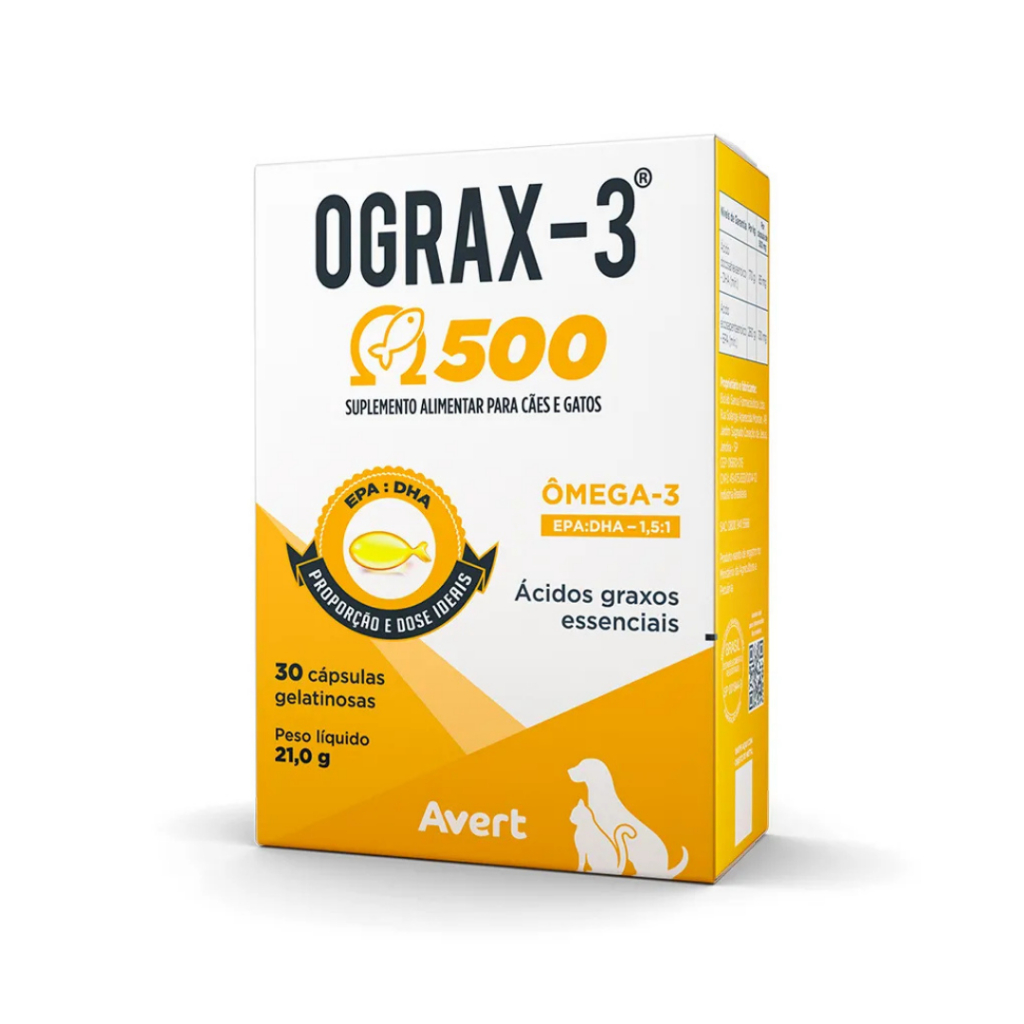Ograx-3 500 Ômega-3 Para Cães 30 Cápsulas Suplemento Avert