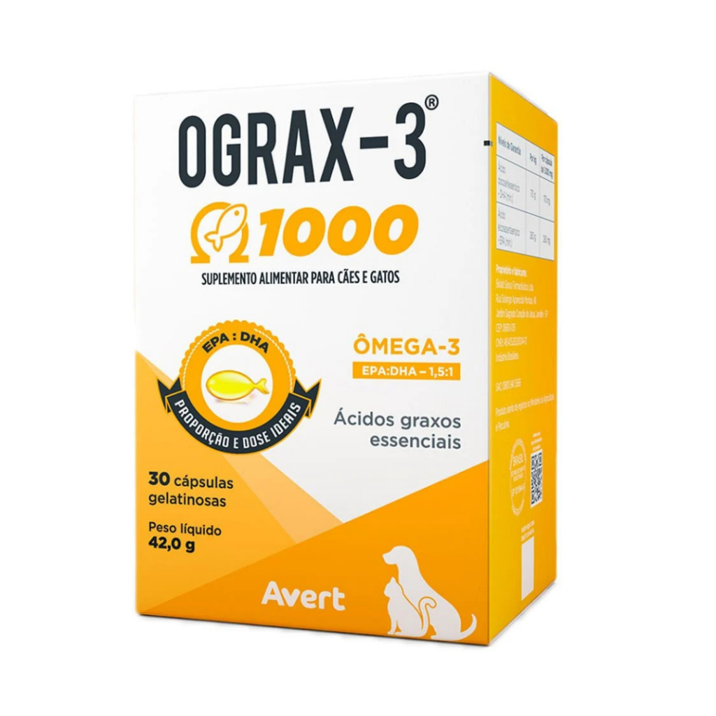 Ograx-3 1000 com Ômega 3 Para Cães 30 Cápsulas Avert
