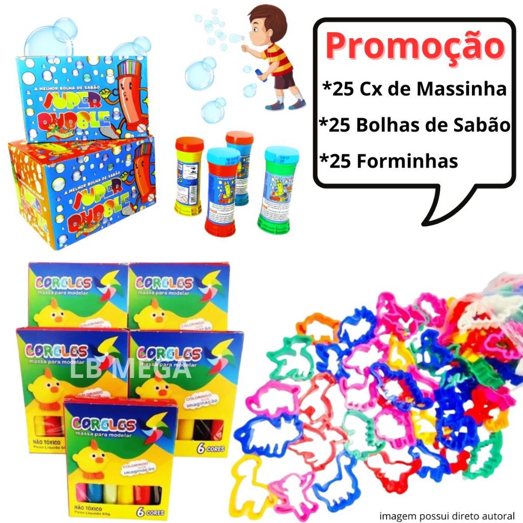 Kit 25 Cx Massinha de Modelar 65gr +25 Bolha de Sabão +25 Cortador/Molde Festa Lembrancinha Infantil