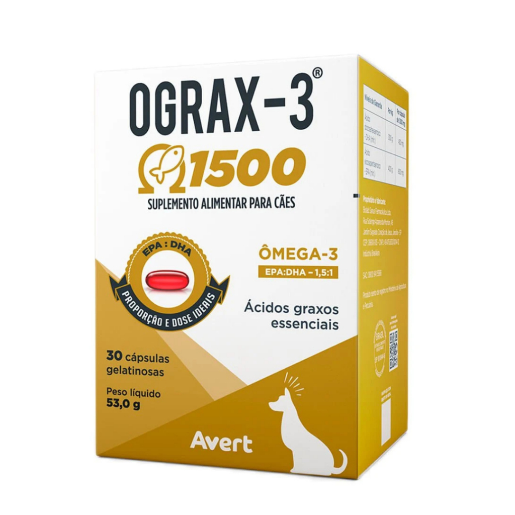 Ograx-3 1500 Ômega-3 Para Cães 30 Cápsulas Suplemento Avert