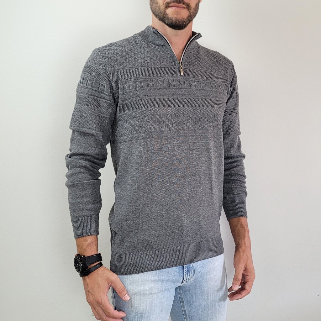 Blusa masculina de trico com ziper na gola sueter inverno