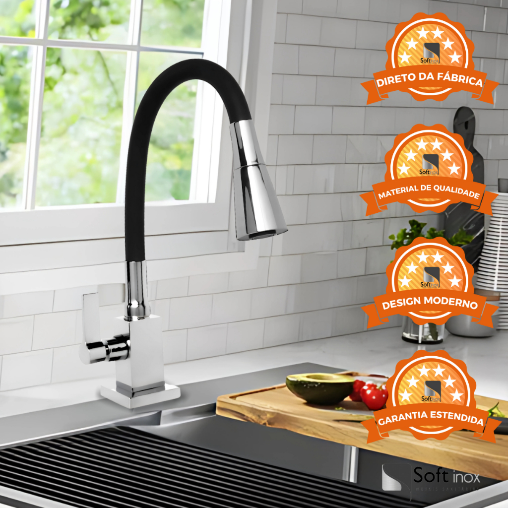 Torneira Cozinha Silicone Flexível Quadrada Bancada 2 Jatos Cone Preto/Cromado