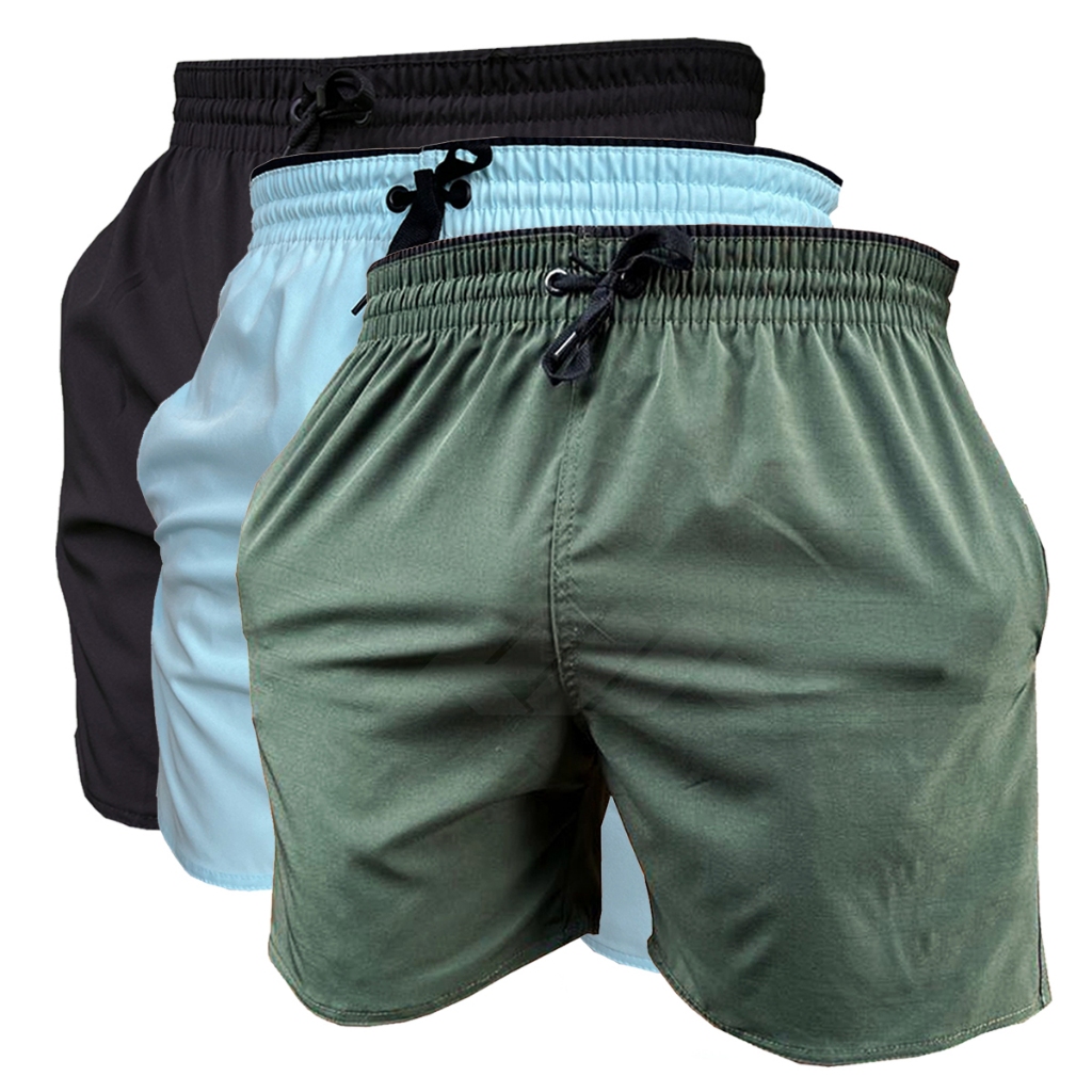 Shorts de Elastano Dry fit Bermuda de Praia Piscina e Academia Kit 3 Peças