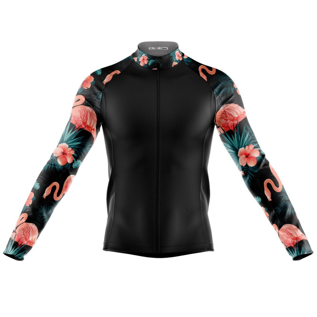 Camisa Ciclismo Coleção Floral Flamingo Preta Manga Longa Full Zíper Fitness Preta Bike