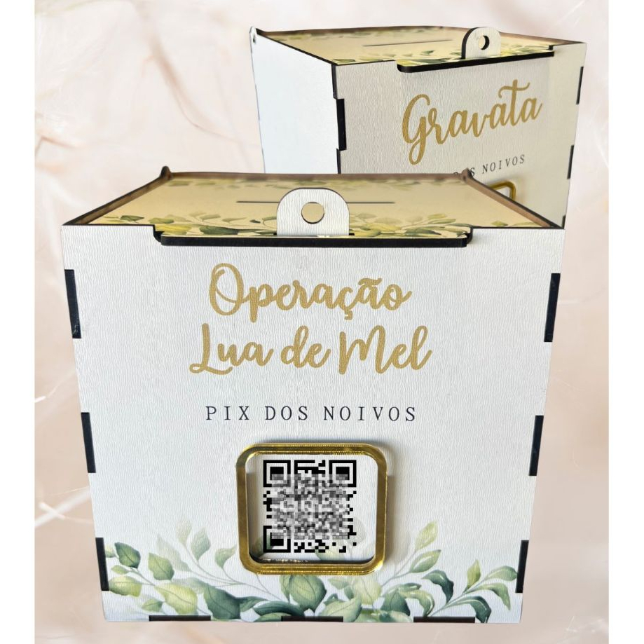 Caixa Corta Gravata Cofre Casamento Lua De Mel Sapatinho da Noiva Com Espaço Para QR Code Chave PIX
