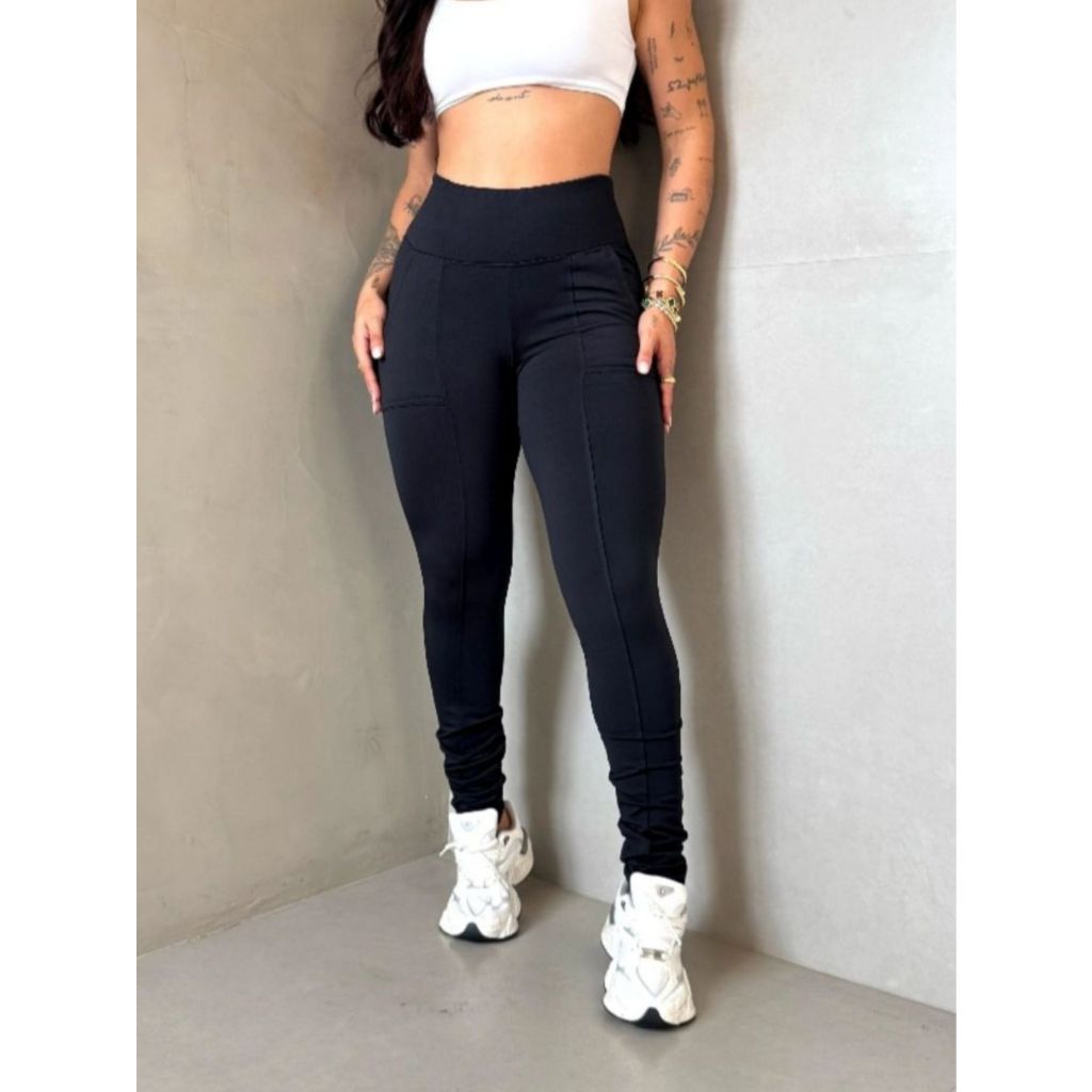 Calça Bolso Feminina Preta Slim Modeladora Cintura Alta Suplex Montaria Roupa Casual Moda Tendência Outono Inverno