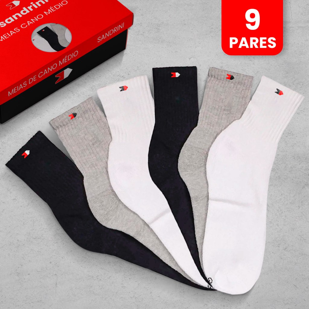 Kit 9 Pares Meias Esportivas Algodão Masculina Cano Médio Sandrini Promoção em Oferta na Shopee