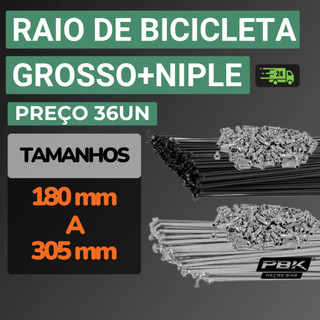Raio de Bicicleta de Aço Zincado Preto 2,5 x 180mm a 305mm 36 Unidades de Raio Grosso com Niples