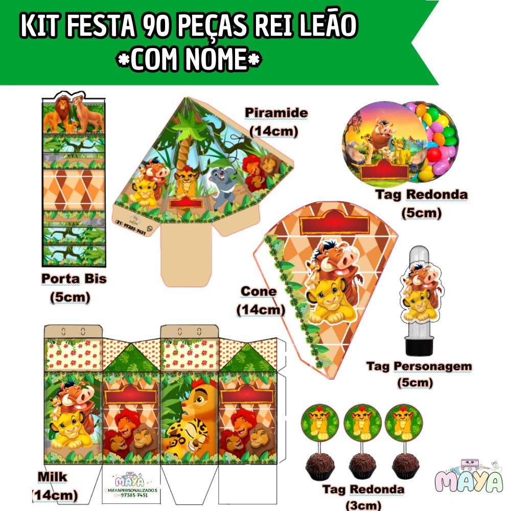 Lembrancinhas Personalizadas Temáticas REI LEÃO - Kit PEGUE E MONTE Completo com 90 itens