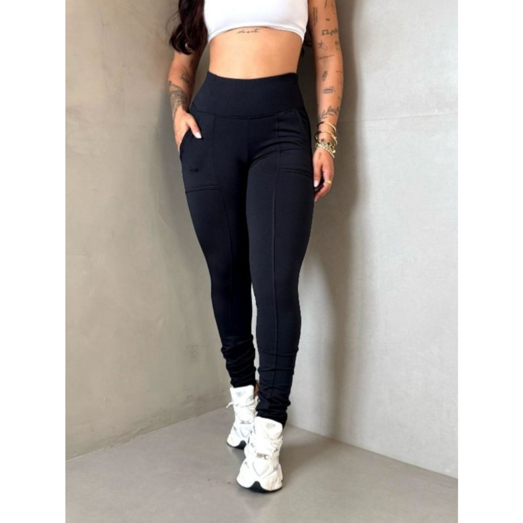 Calça Bolso Feminina Preta Cintura Alta Suplex Flanelado Montaria Roupa Moda Tendência Outono Inverno