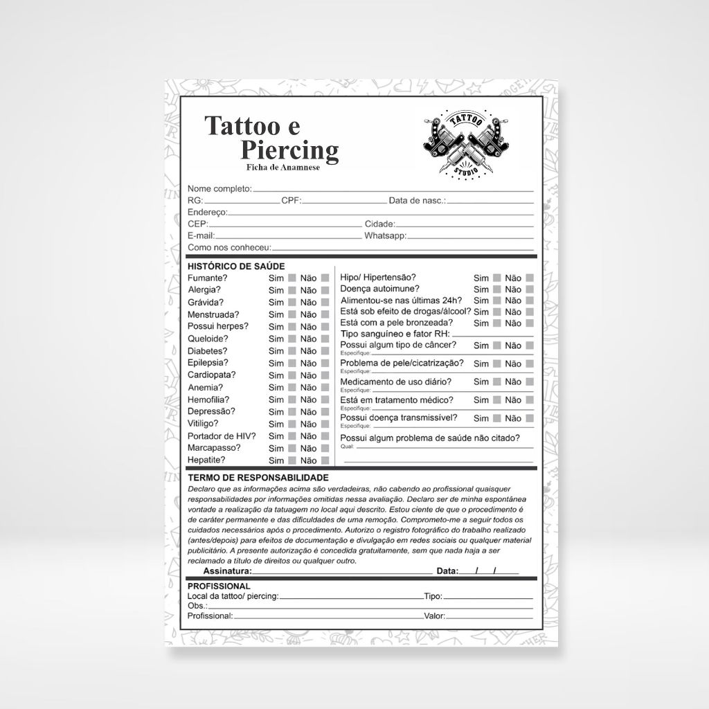 01 Bloco Ficha De Anamnese Cliente Tattoo E Piercing