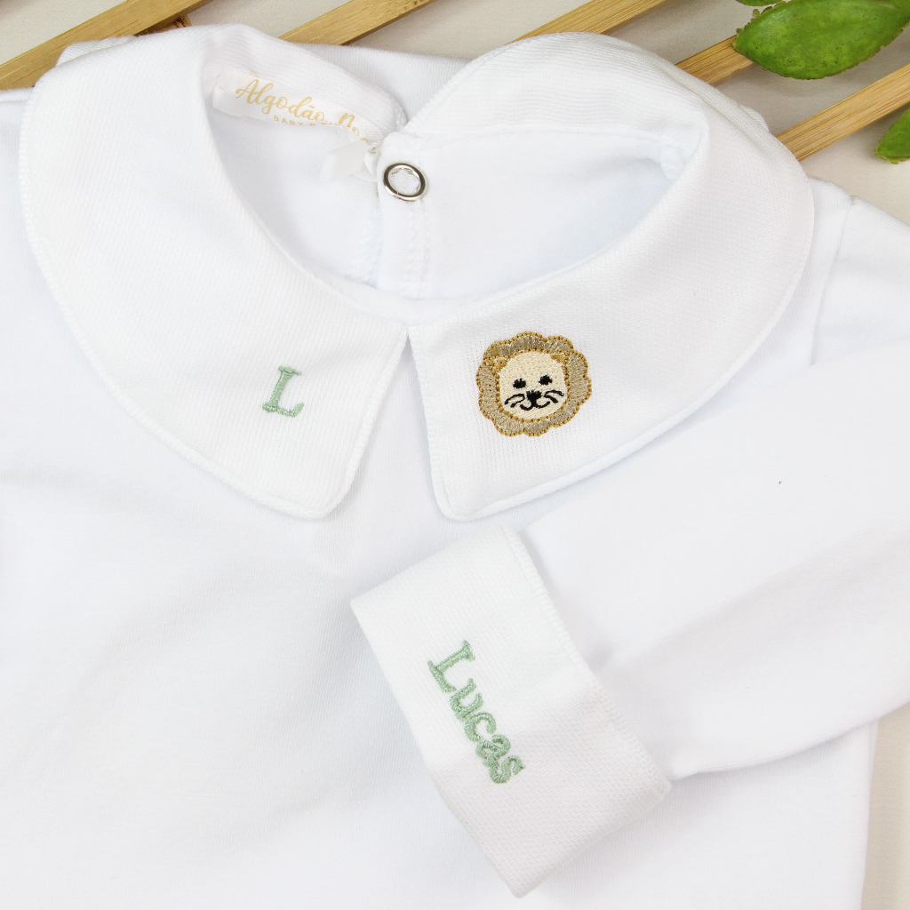 Body Bebê Personalizado Menino 100% Algodão Bordado Leãozinho Verde Maré
