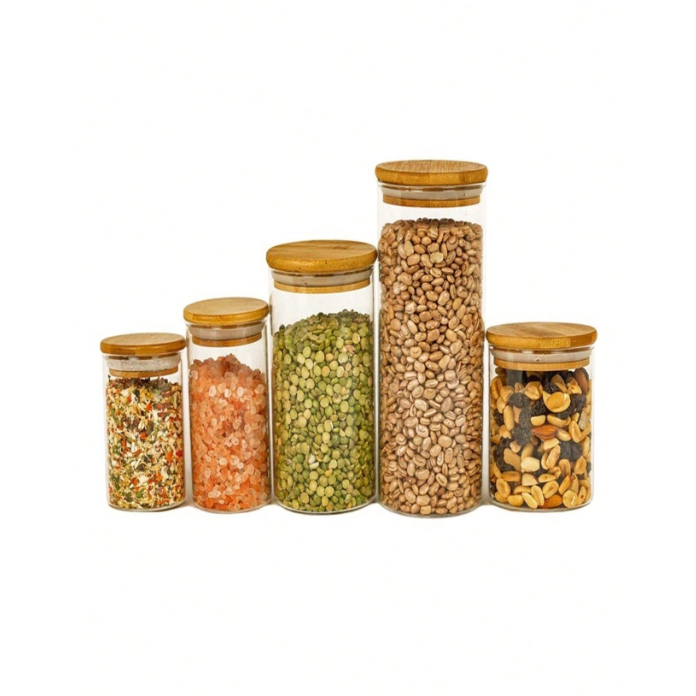 Kit 5 Potes De Vidro Pequeno para Mantimentos com Tampa Bambu 200ml 250ml 300ml 400ml 550ml em Oferta na Shopee
