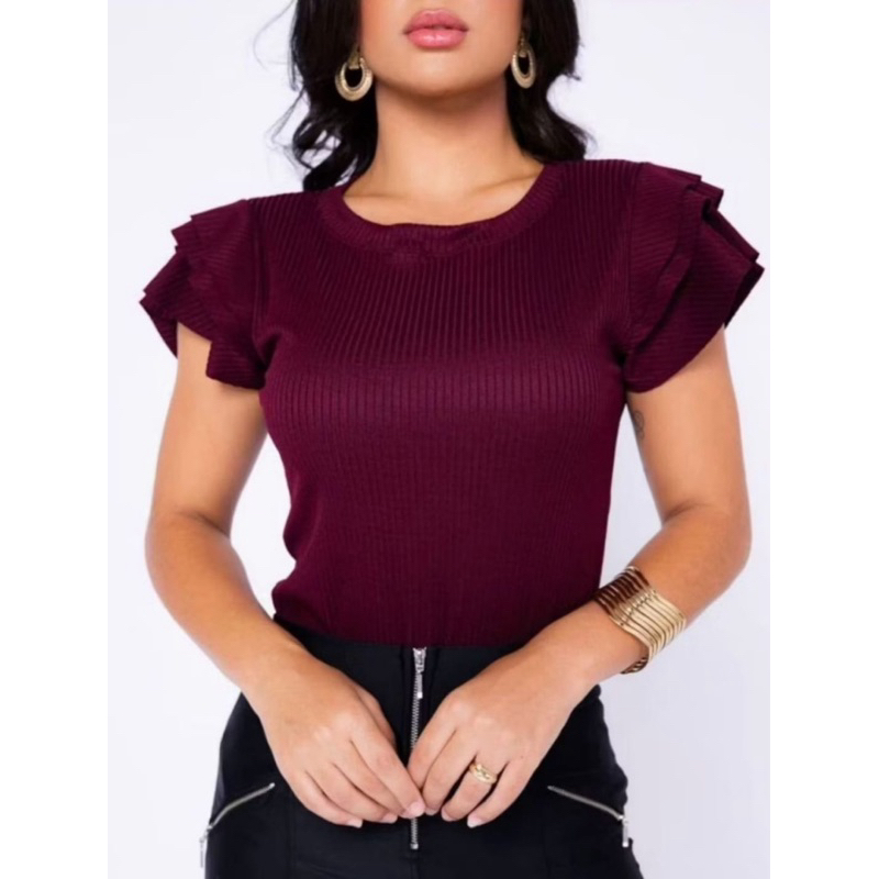 Blusa Feminina Canelada Manga Curta 3 Babados Moda Blogueira Gola Redonda