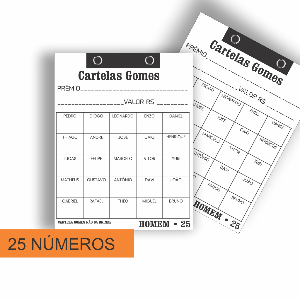 50 Cartelas de rifas c/ 25 NUMEROS - ANIMAL, NUMERO, HOMEM, MULHER, COMIDA